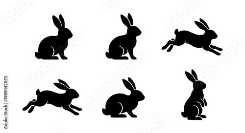 Rabbit silhouette vector collection, black bunny icons in jumping and sitting poses, set of 6 minimalist hare animal shapes for nature and easter design