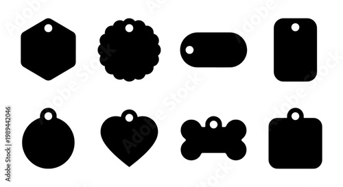 Black pet tag silhouettes, set of 8 dog collar identification charms, bone and heart shaped nameplate icons, flat vector animal accessory templates