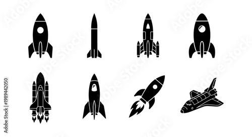 Black rocket ship icon set, flat space shuttle vector silhouettes, 8 spacecraft launch symbols for startup and technology projects