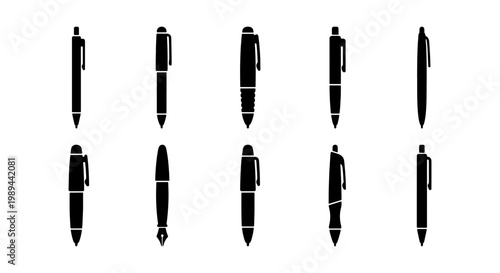 Minimalist pen icon set, 10 black ballpoint and fountain pen silhouettes, professional office writing instruments, stationery vector collection