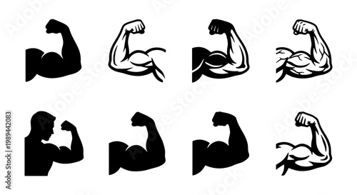 Strong muscular arm icons set, 8 bicep muscle flex vector illustrations, bodybuilding and fitness gym symbols, black and white athletic power graphics