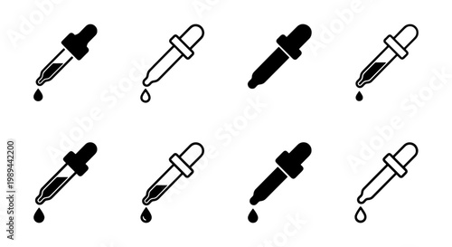 Minimalist dropper icon set, 8 pipette vector symbols for skincare and medicine, black and white laboratory eye dropper graphics for web design