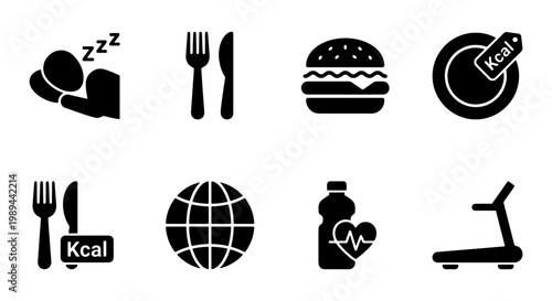 Healthy lifestyle icons set, black silhouette fitness and nutrition symbols, 8 vector elements for diet tracking and wellness apps