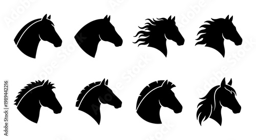 Horse head silhouette vector set, 8 black stallion profile icons, equestrian animal mascot collection, minimalist equine logo elements for branding