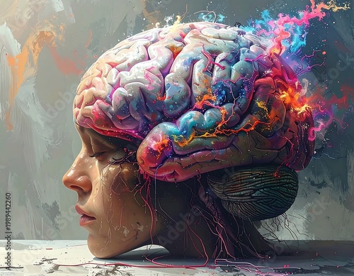 Abstract Human Brain Illustration Representing Creativity And Mental Health With Vibrant Paint Splashes And A Calm Female Profile On Textured Surface