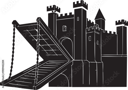 Medieval fortress castle silhouette with a drawbridge and towers isolated on a white background for history architecture defense security and fantasy game design project branding