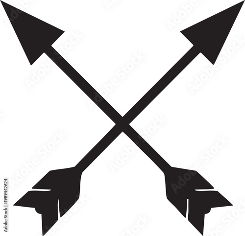 A black silhouette of crossed arrows vector illustration featuring rustic tribal feathered fletching and sharp arrowheads perfect for hipster logos adventure branding and decorative hunting designs