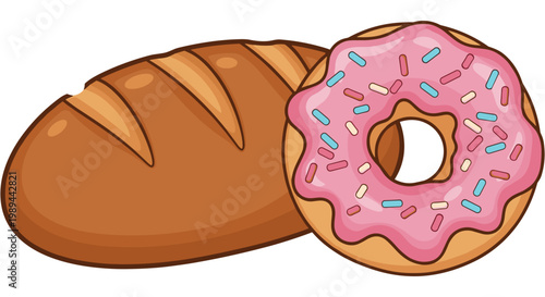 A cartoon croissant and a pink frosted donut