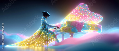 Colorful Neon Pianist in Flowing Illuminated Cloak Playing Floral Grand Piano in Dreamscape