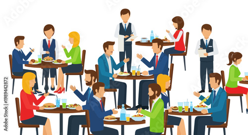 Cuadro en lienzo Diverse group of people enjoying meals and conversations in a busy restaurant setting