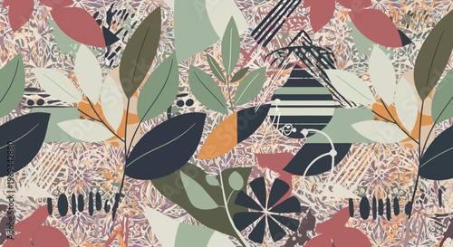 Abstract Botanical Seamless Pattern with Modern Geometric Shapes and Foliage