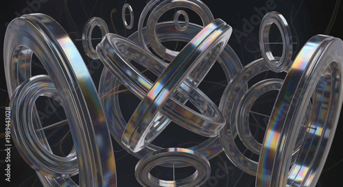 Abstract 3D Render of Intersecting Glass Rings with Rainbow Light Refraction