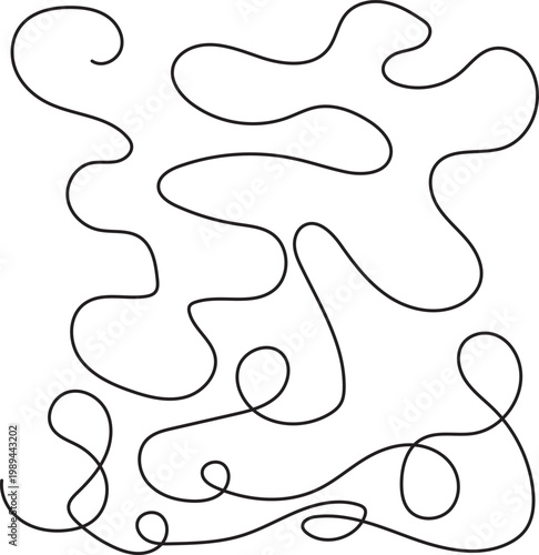 Abstract minimalist black line art with continuous squiggly curves and messy tangles forming a creative pattern on a white background for modern aesthetic graphic design