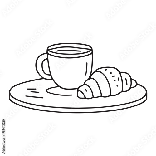 espresso cup with croissant, side view on table, black and white outline doodle
