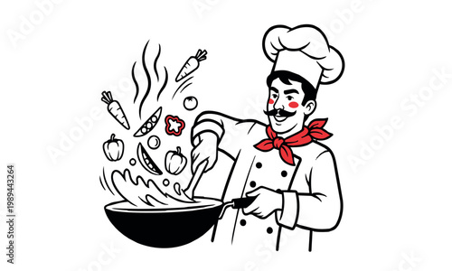 Professional chef character tossing fresh vegetables in a wok pan during food preparation.