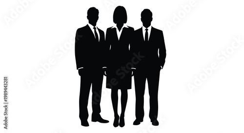 Three business professionals stand together in a striking black silhouette