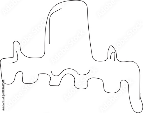 A minimal continuous line drawing of a stylish plastic hair claw clip accessory shown in profile isolated on a white background for beauty fashion design