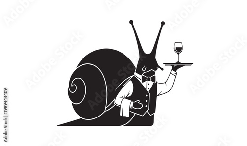 Sarcastic illustration of a snail waiter in a tuxedo, symbolizing slow restaurant service and the irony of long waiting times for food.