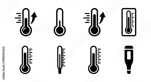 Thermometer icon set, 8 black vector symbols for temperature and weather apps