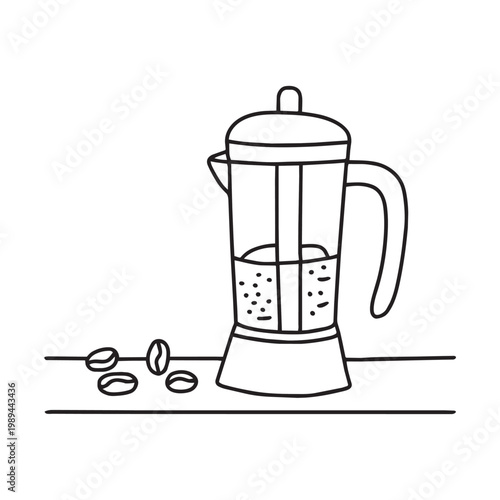 french press with coffee beans, side view on kitchen counter, black and white outline