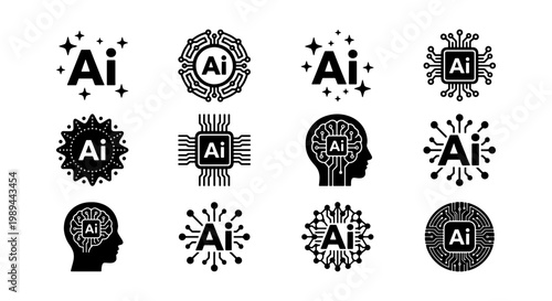 Artificial intelligence icons, 12 black AI vector symbols, tech logo set