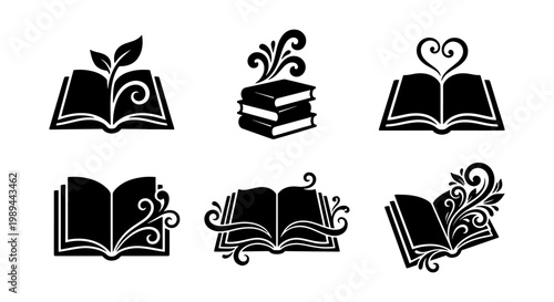 Black book icons set, floral library logos, 6 vector reading symbols