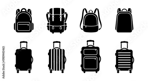 Travel luggage icon set, 8 black backpack and suitcase vector silhouettes