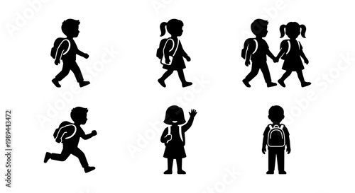School children silhouettes with backpacks, student icons set, kids walking vector