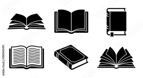 Minimalist book icon set, black vector book symbols, library and education signs