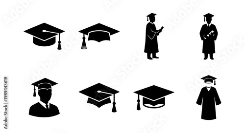Graduation cap and gown icons, student silhouette set, academic vector symbols