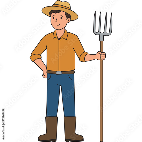 Cartoon Farmer Holding Pitchfork