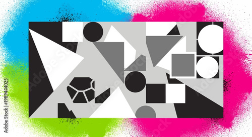 Abstract Geometric Composition with Vibrant Colorful Spray Paint Background