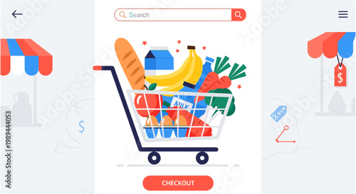 A colorful shopping cart filled with fresh produce