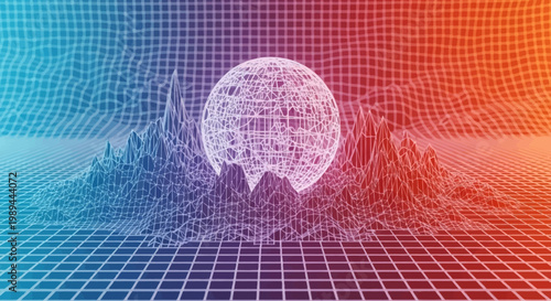 Abstract 3D Wireframe Sphere and Mountain Landscape with Grid Background