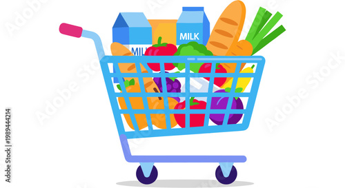 A blue shopping cart filled with groceries