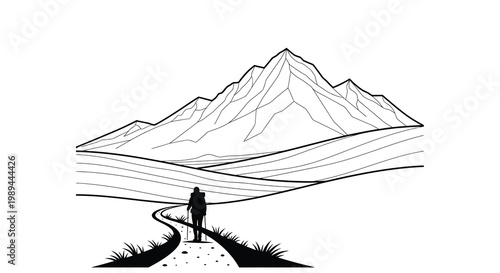 A lone hiker walks a winding path toward majestic mountains a striking silhouette