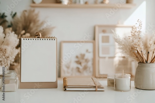 Blank desktop calendar mockup on a neutral desk. Boho style home office workspace with stationery and pampas grass decor. Minimalist aesthetic workplace concept