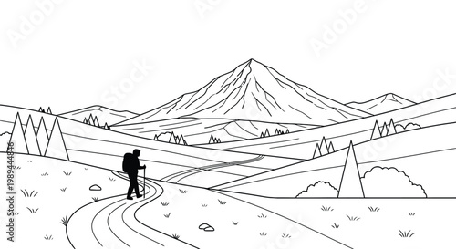 A lone hiker walks a winding path towards a majestic mountain silhouette