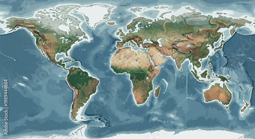 Detailed Physical World Map Illustration with Topographic Relief and Ocean Depths