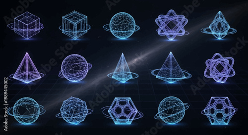 Set of 3D Geometric Wireframe Shapes with Glowing Orbital Rings