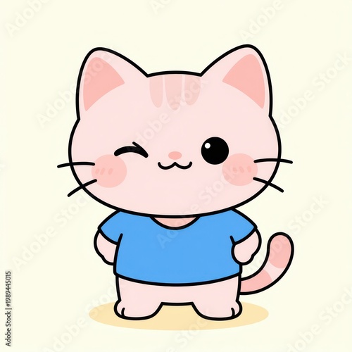 Cute Pink Cartoon Cat Winking in Blue Shirt