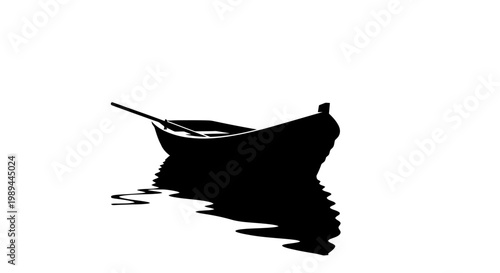 Silhouette of a rowboat with an oar on calm water, isolated on white background.