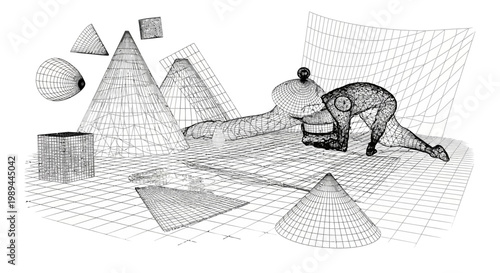 Surreal Geometric Landscape with Wireframe Figures and Pyramids