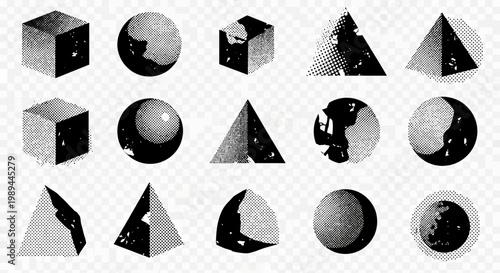 Set of Grunge Halftone Geometric Shapes and 3D Primitives