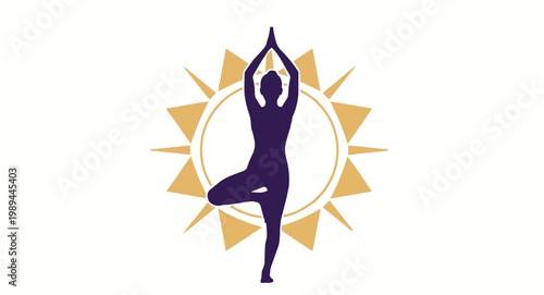 Silhouette of a person in yoga tree pose against a golden sun background, wellness and meditation concept.