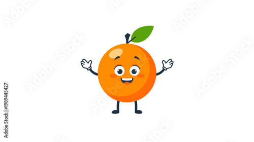 A cute character resembling an orange with a smiling face is depicted in a lively pose.