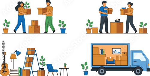 Flat Design People Moving House with Cardboard Boxes Furniture and Delivery Truck Relocation Service Scene Vector Illustration