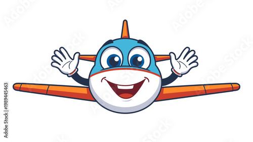 A cute cartoon airplane character with a smiling face flies through the air.
