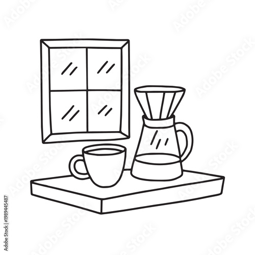 pour over dripper with coffee cup, angled view near window, black and white outline doodle