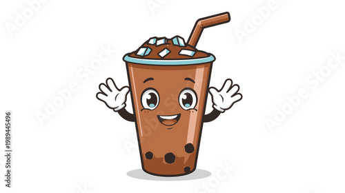 A cute character illustration of an iced coffee drink with a smiling face and welcoming gesture